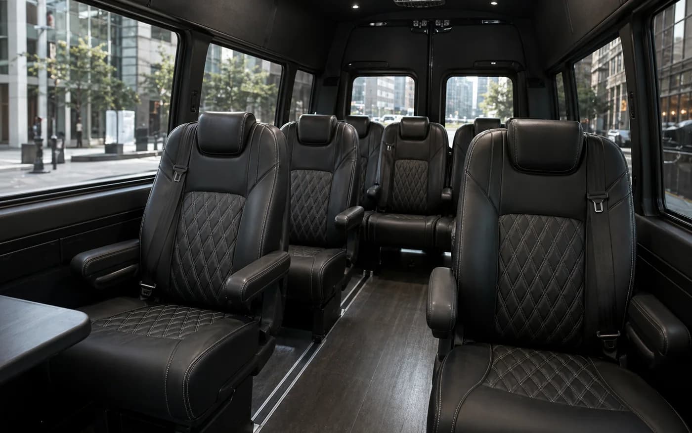 2025 executive Sprinter interior with captain chairs in daylight