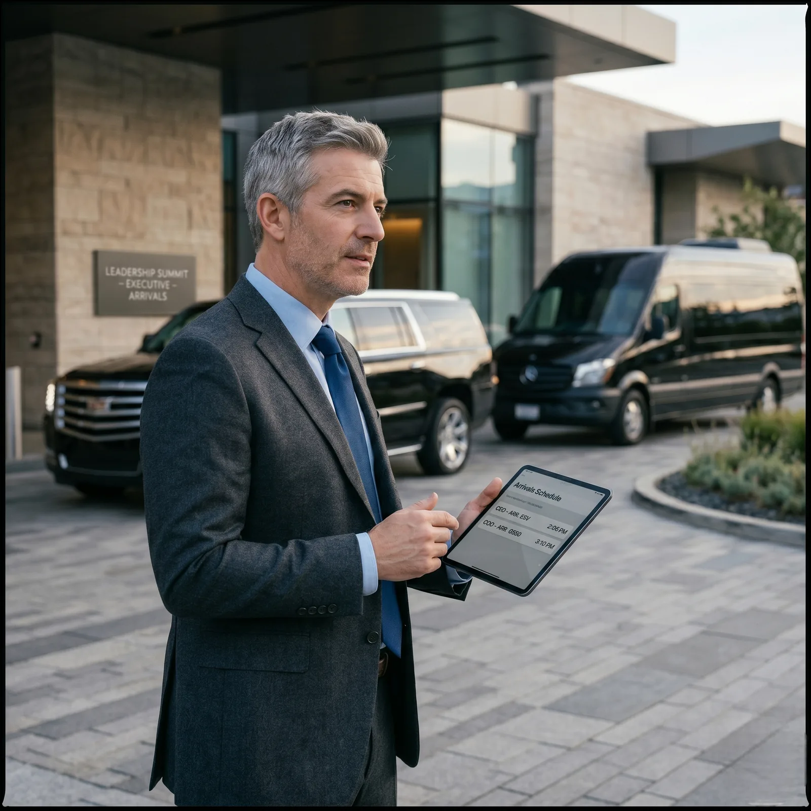 A coordinated corporate pickup reviewed by a concierge before arrival