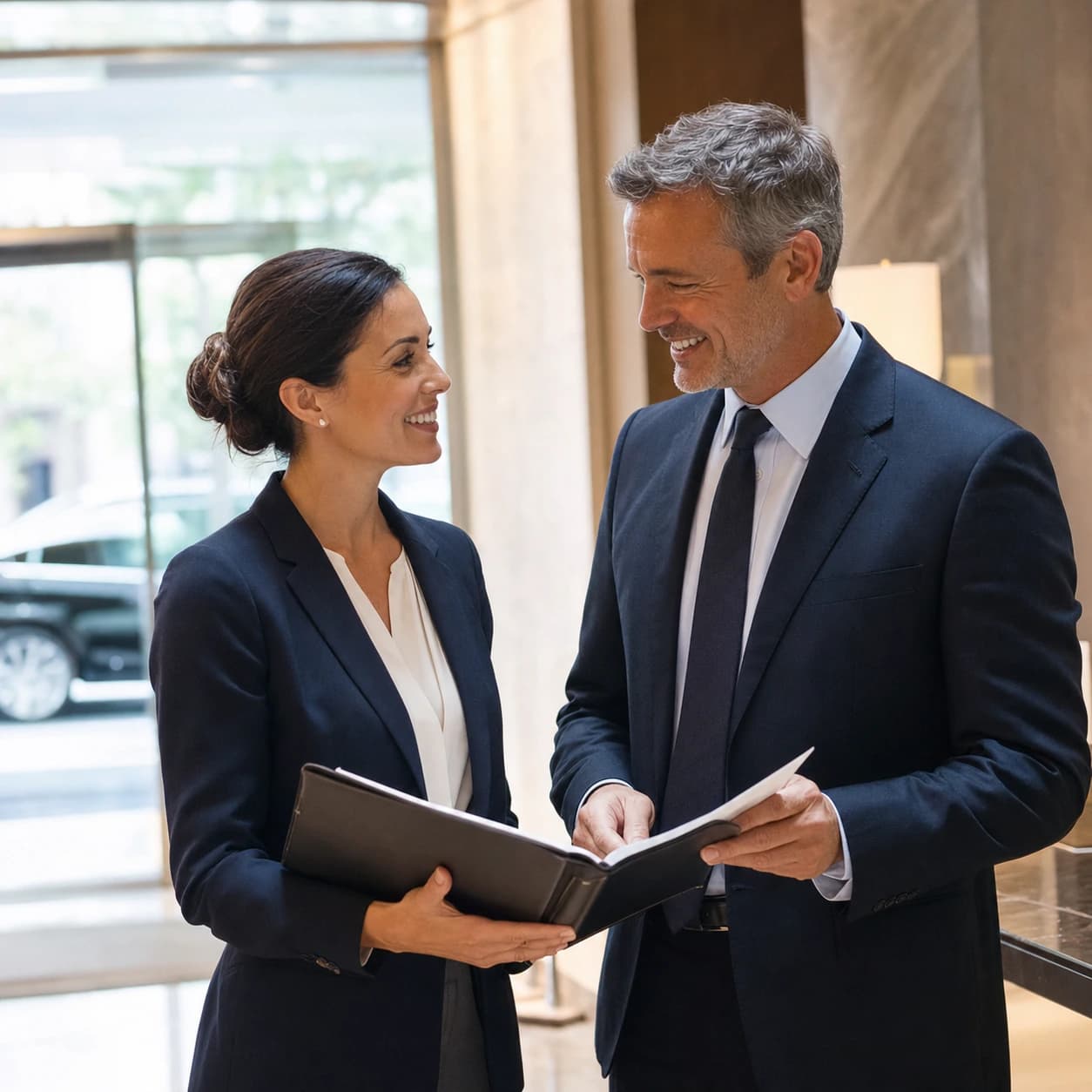 An executive assistant and executive smiling while reviewing an itinerary