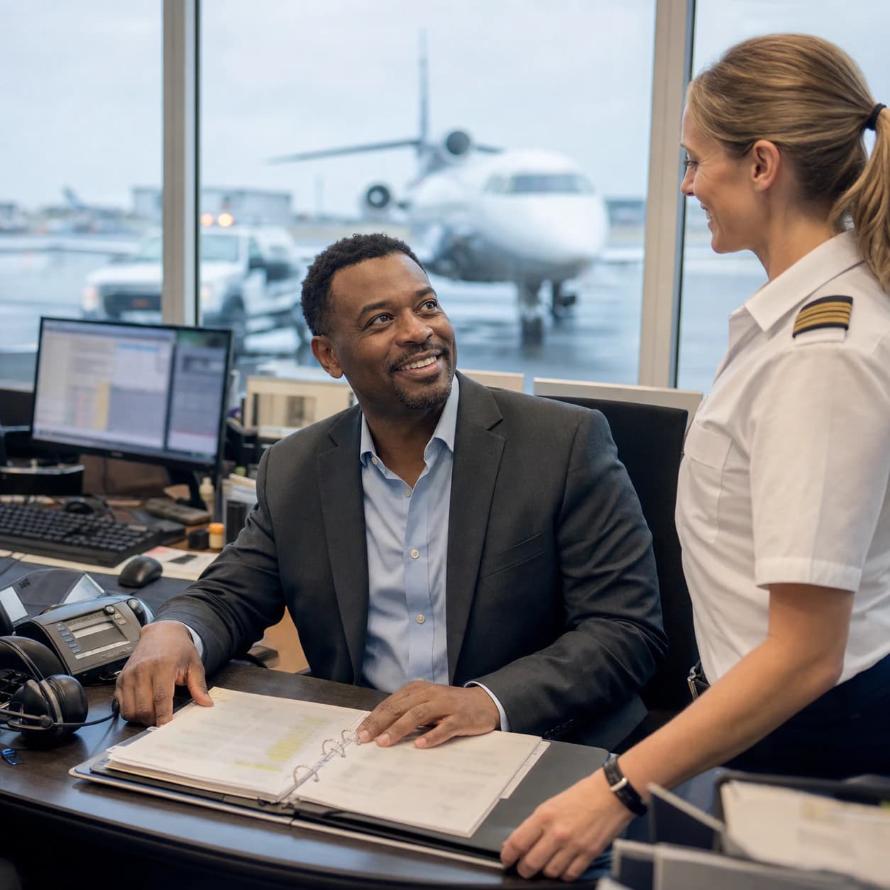 A flight operations coordinator and pilot smiling while reviewing a schedule