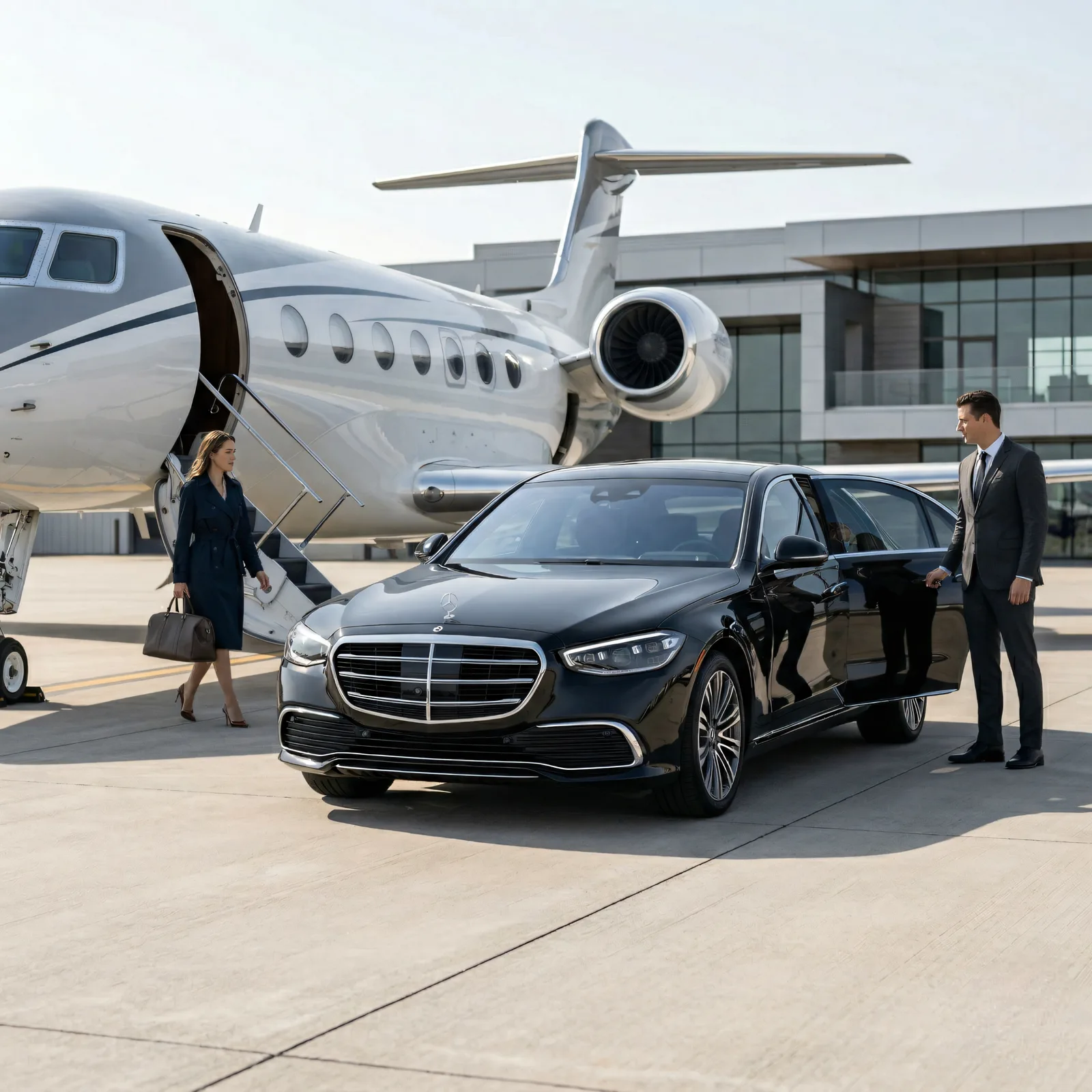 A private aviation arrival coordinated beside a black car and aircraft