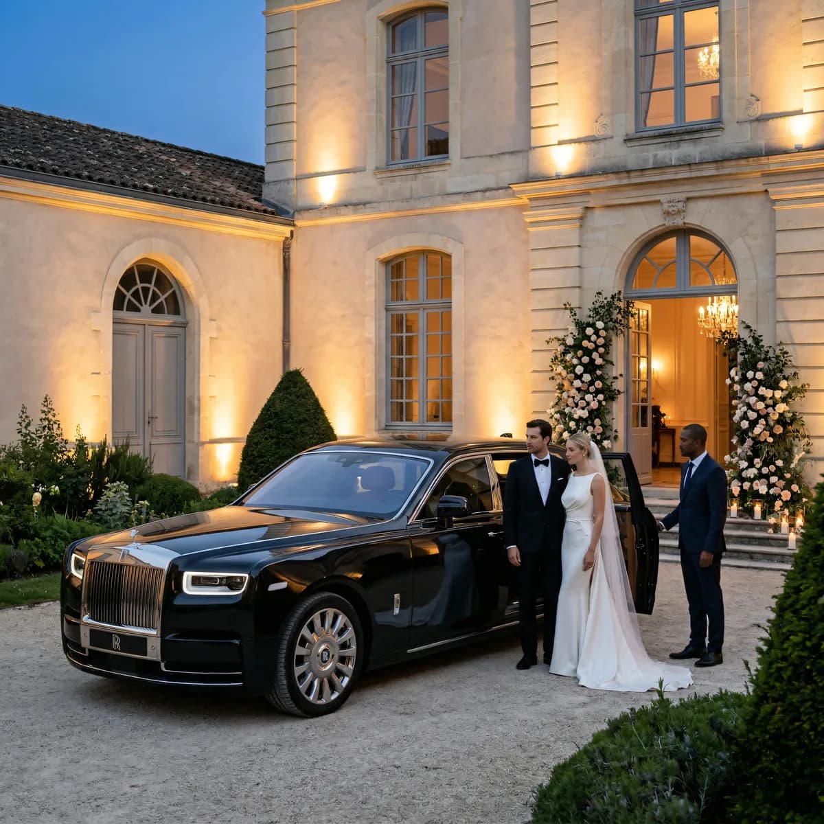 A black Rolls-Royce staged at a candlelit chateau entrance for a private milestone event