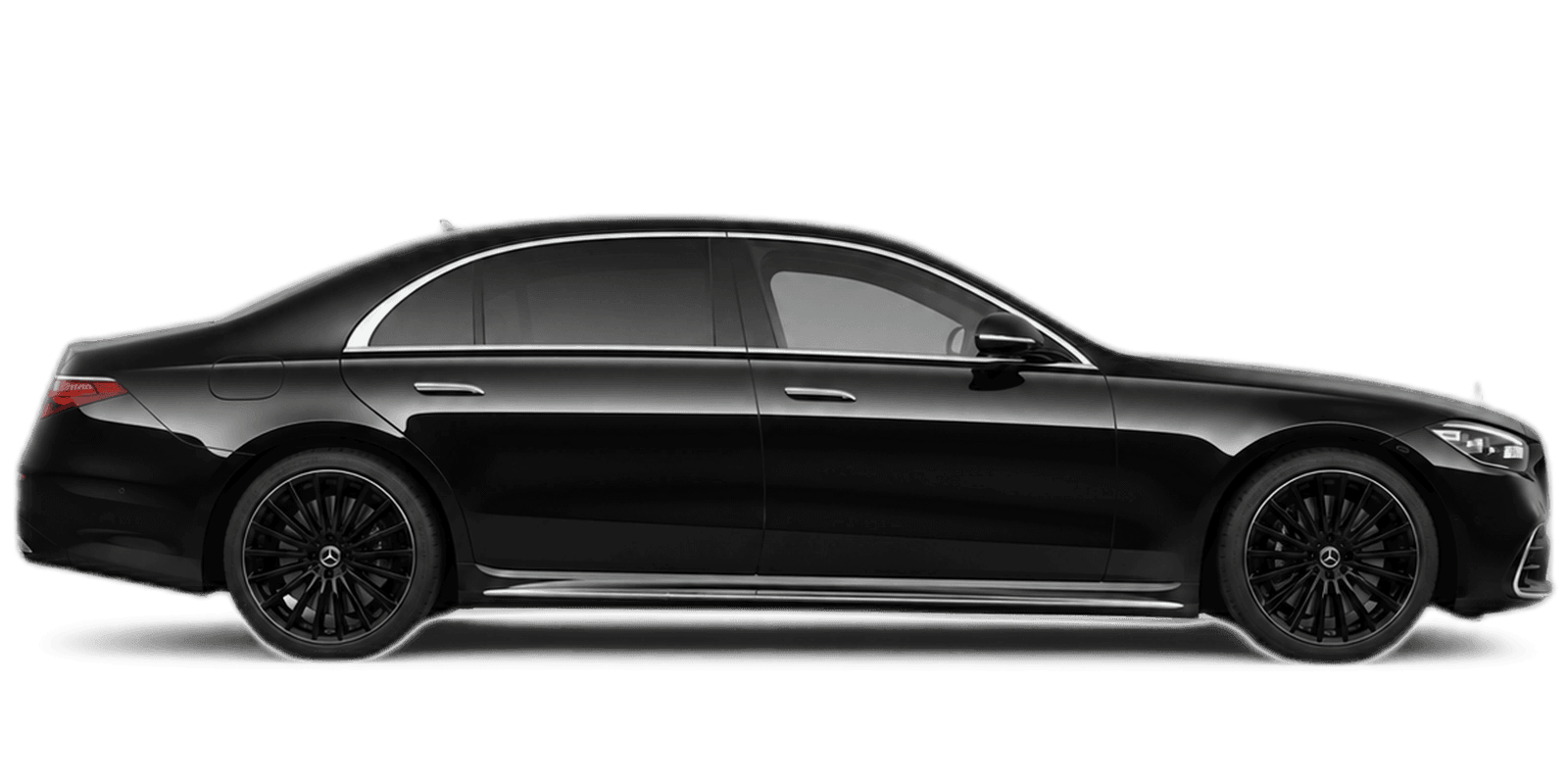 Luxury sedan in profile, Mercedes-Benz S-Class class vehicle on a transparent background with ground shadow
